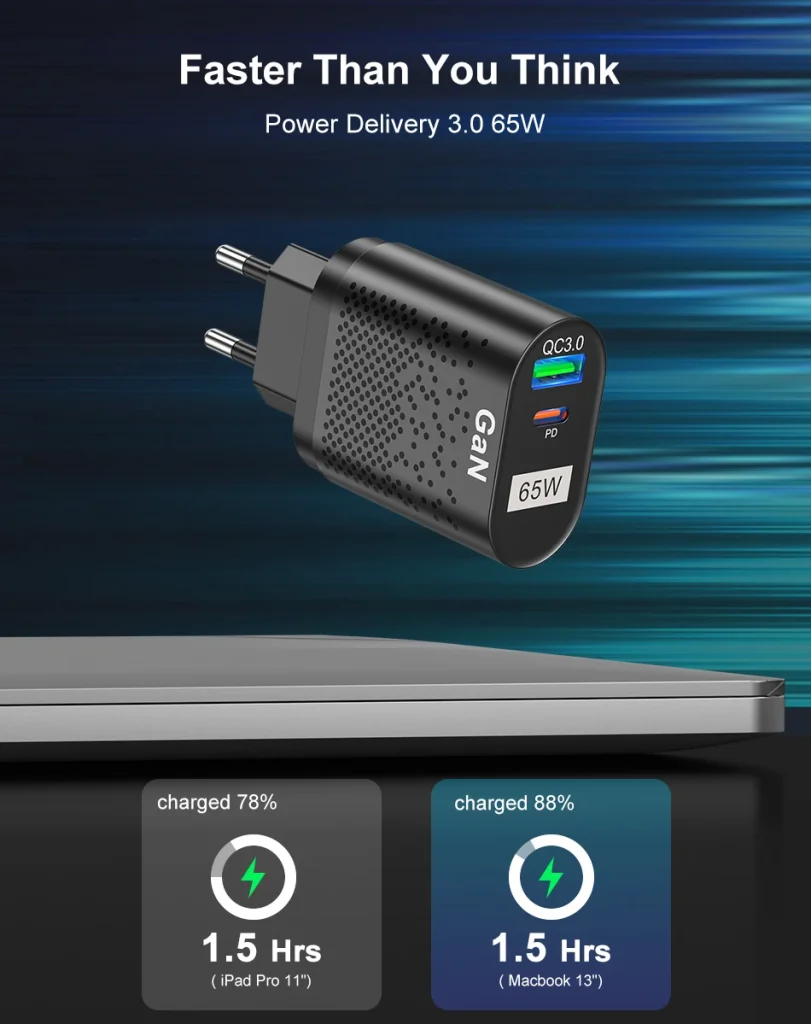 USLION 65W GaN USB-C Schnellladegerät-Schwarz