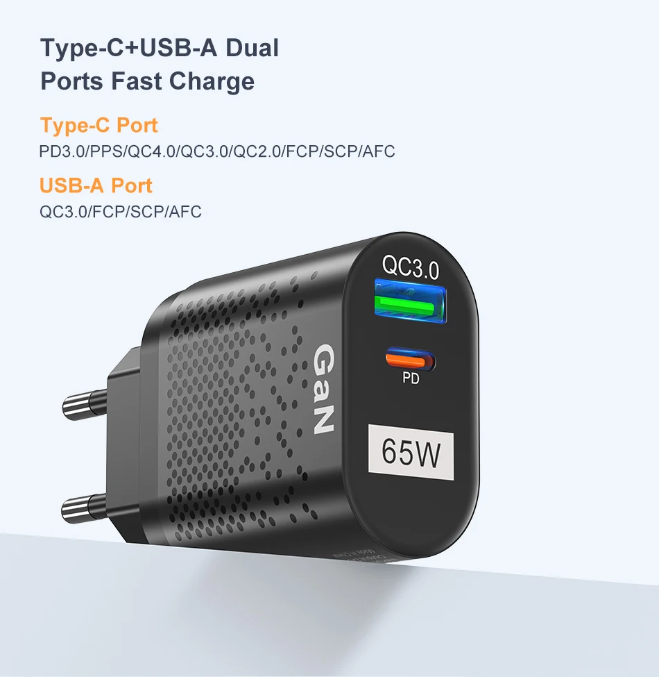 USLION 65W GaN USB-C Schnellladegerät für Samsung-Schwarz